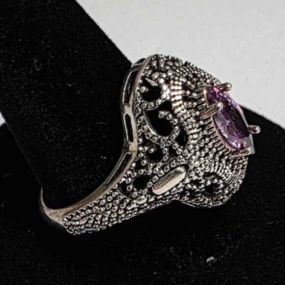 Antique Style Purple Stone Ring Silver Tone | EU 19 (US 9) - Picture 2 of 6